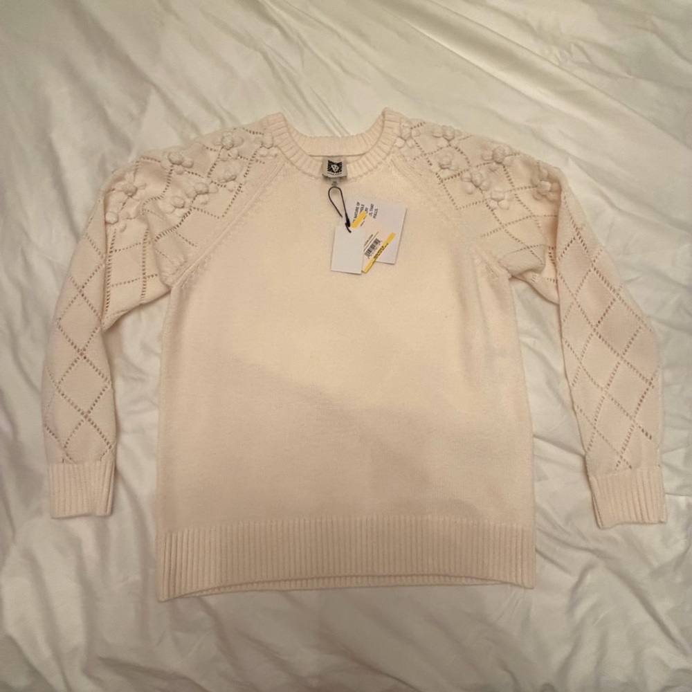 Anne Klein Cream Crewneck Sweater with Eyelet‎ & Bobble Detail